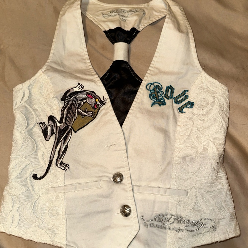 Y2K Ed Hardy Christian Audigier White Vest Panthers Embroidered Size XS